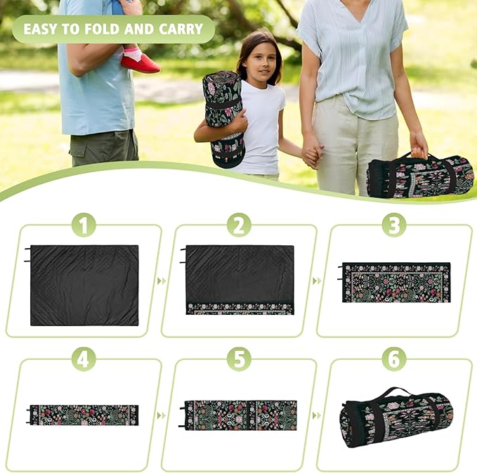 Floral Picnic Blankets Waterproof Foldable 60″X80″ Packable Picnic Mat Boho Outdoor Blanket for Grass Large Beach Blanket Sandproof Picnic Accessories for Camping Music Festival Park Lawn Travel