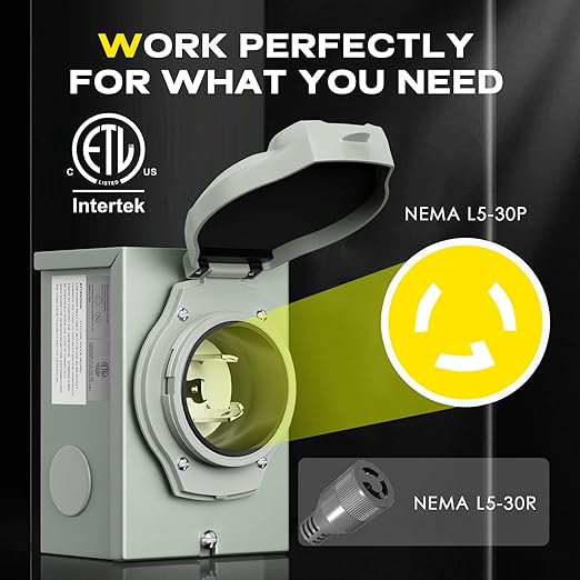 Rophor 30 Amp Generator Power Inlet Box NEMA L5-30P Power Inlet Box for 3 Prong Generator Cord 125 Volt 3750 Watts Weatherproof Outdoor Use ETL Listed