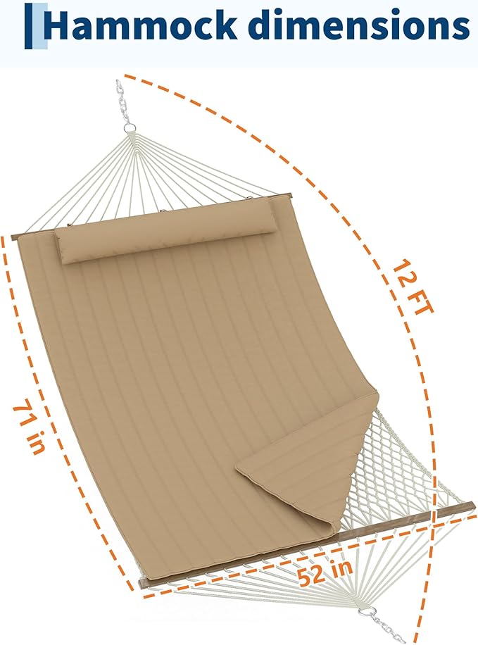 2 Person 12FT Hammocks for Outside Double Quilted Fabric Outdoor Hammock with Spreader Bar Large Removable Pillow Storage Pockets Carabiners Max 450 Lbs Capacity