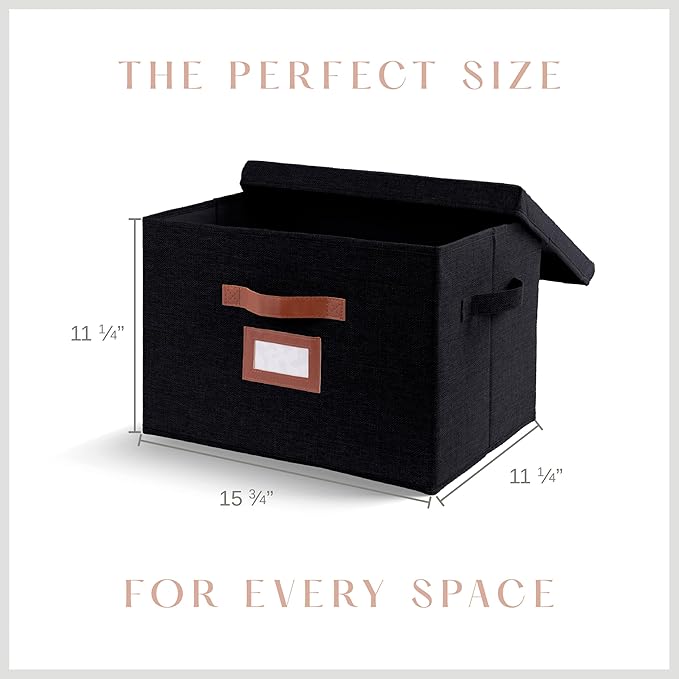 3 Pack Large Fabric Storage Boxes with Lids (15.75 x 11.25 x 11.25) - Decorative Bin with Lid Label Holder Faux Leather Handles - Large Storage Boxes for Organizing Clothes Blankets - Black