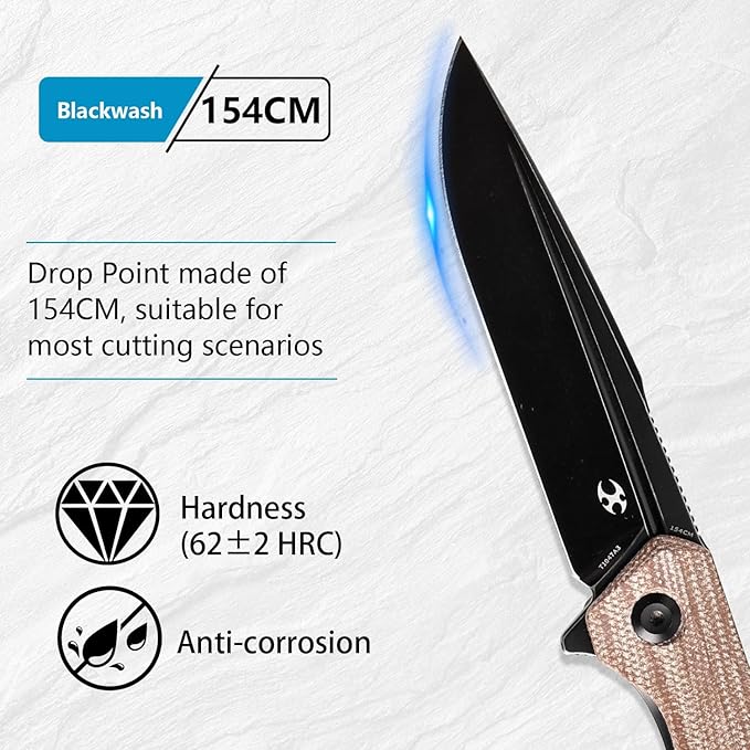 KANSEPT Qilin Pocket Knife 3.24'' Blackwash 154CM Sharp Blade Brown Micarta Handle for Edc Flipper and Liner Lock with Double-Sided Clip Men Camping Survival Folding Knives T1047A3