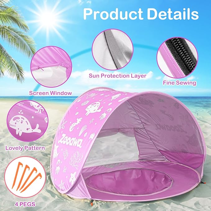 Zooawa Baby Beach Tent Pop Up Beach Tent Sun Shade for Beach Portable Shade Pool UV Protection Sun Shelter for Infant with Beach Sand Toys Set