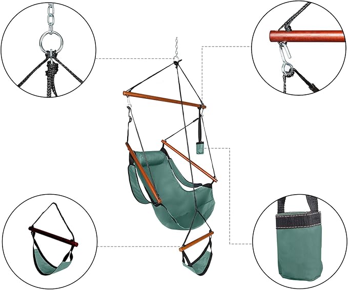 Hammock Hanging Sky Chair Large Swinging Seat Chair Indoor and Outdoor Air Swing Seat with Oxford Cloth&amp HardwoodCup Holder for Patio Bedroom or Tree (Green)