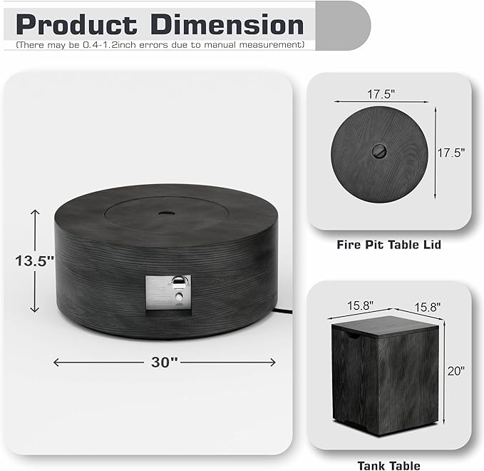2-Piece 30 Round Propane Fire Pit for Outside Patio with Hidden Tank Table 50000 BTU Fireplaces with Wind Guard Lid Glass Rocks Cover(Wood Grain Ebony)