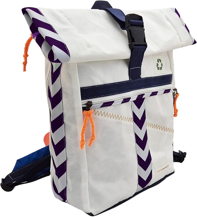 Sailcloth Rolltop Backpack Water-Resistant Navy Blue Chevron Pattern Yoga Mat Holder