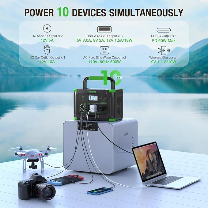 500W Portable Power Station (1000W Peak) 2x 110V AC Outlets &amp 60W USB-C PD 10-Output Portable Power Bank with Wireless Charger for Camping RV Travel and Home Emergency Power Backup Off-Grid Li