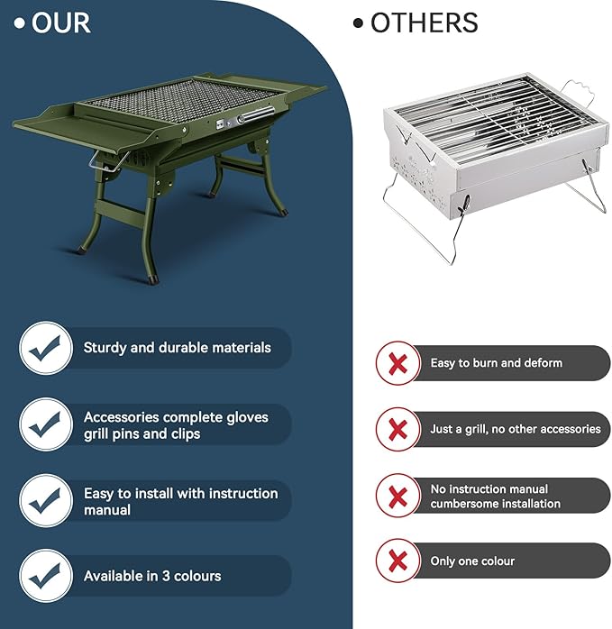 Portable Charcoal Grill Foldable Grills BBQ Grill Charcoal Small Grill for Travel Camping Outdoor Cooking Backyard Hiking Patio Garden Picnics Green
