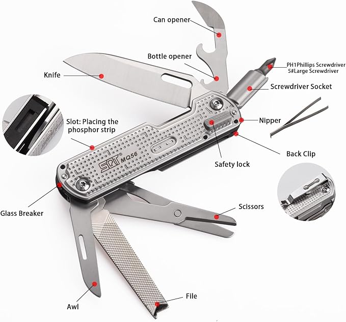 SQT2056 13-in-1 Multitool Knife with Glass Breaker Survival Knife for Outdoor Camping Hiking Emergency - Portable Scissors Screwdrivers Can Opener for EDC Work &amp Adventure