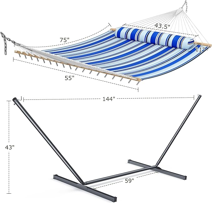 ANAGOO Double Hammock with Stand Heavy Duty Outdoor Hammock for Two 500 LBS Capacity Stable Steel Frame with Balance Strap Easy Tool-Free Assembly for Patio Garden Backyard &amp BeachBlue