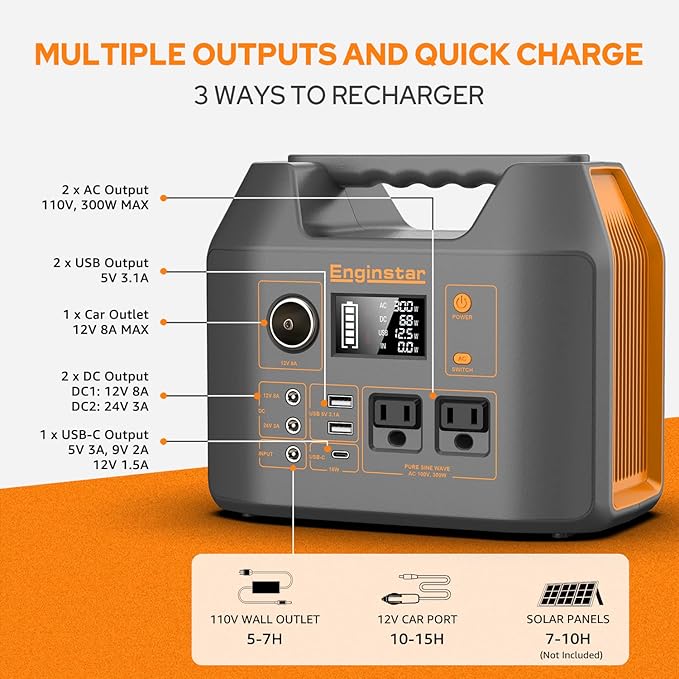 Enginstar Solar Generator 296Wh Portable Power Station 110V Pure Sine Wave 80000mAh Backup Battery Power Supply for CPAP Outdoor Camping Traveling and Emergencies