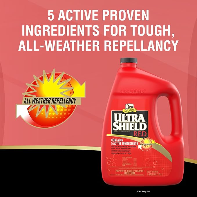 Absorbine UltraShield Red Fly Spray Insecticide and Repellent for Horses &amp Livestock Stays Active Up to 7 Days 128oz Gallon Refill