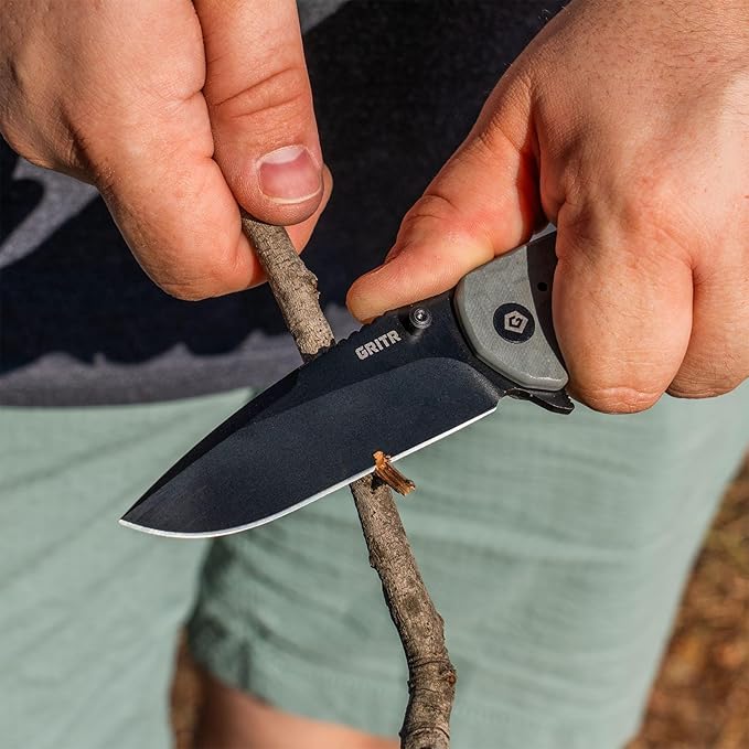 GRITR Stealth Folding Pocket Knife w/ 3.5 D2 Steel Blade for Military Hunting Camping Hiking – Gray Handle Non-Serrated Blade with Stonewashed Finish