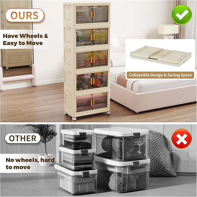 5 Tier Stackable Plastic Storage Bins with Lids 48QT Collapsible Closet Organizers and Storage with Wheels for Living RoomOfficeDorm