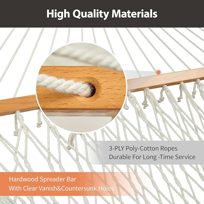 CHULIM Outdoor Double Hammock with Hardwood Spreader Bars Large Rope Hammock with Polyester Pad and Pillow 475 LBS Capacity for 2 Person Patio Backyard Poolside - Terracotta