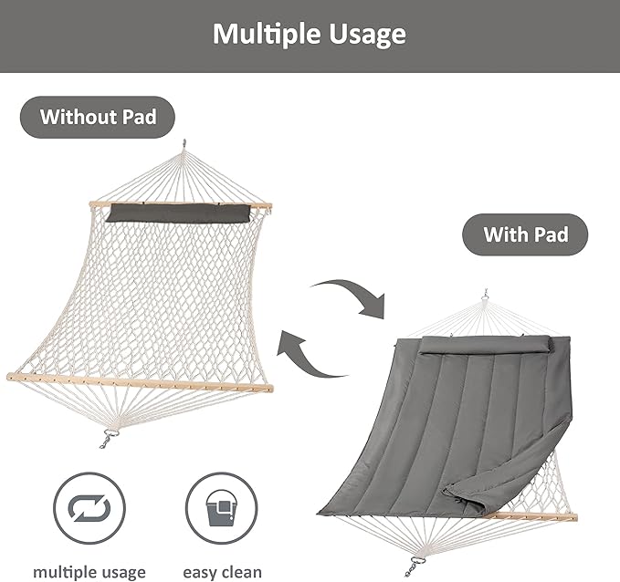 SUNCREAT Hammocks Double Cotton Rope Hammock with Polyester Pad Heavy Duty Hammock with Wooden Stand Dark Gray
