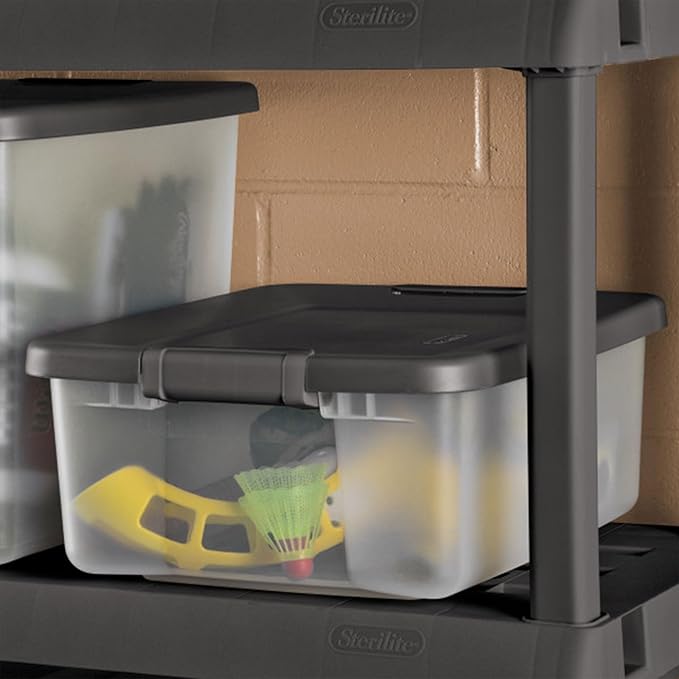 Sterilite 12-Pack ShelfTote Clear Plastic Storage Bins with Lids 25 Quart Gray - Stackable Organizing Container Boxes for Closet Bathroom and Office