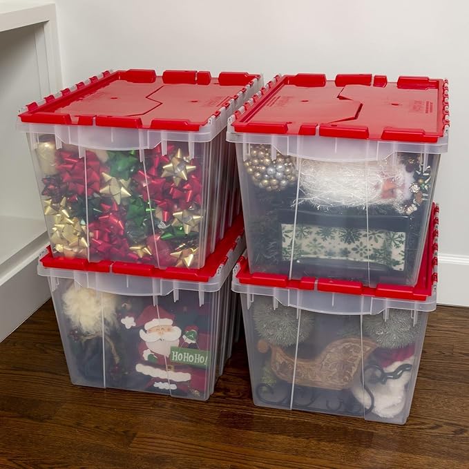 Akro-Mils KeepBox 12 Gallon Storage Container Nesting and Stackable Plastic Storage Box with Lid Attached Clear Tote for Garages Closets and Moving 21-1/2 x 15 x 12-1/2 Clear/Red
