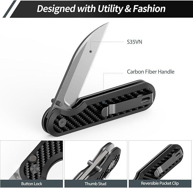 FINTISO Pocket Knife 3 S35VN Blade EDC Knife with Carbon Fiber Handle Folding Knife with Pocket Clip for Outdoor Camping Hunting Hiking Survival Parrot Series