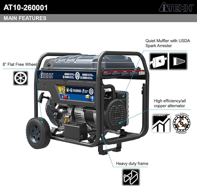6000W Portable Generator Dual Fuel Electric Start Gas &amp Propane Powered CO Sensor EPA&ampCARB for Home Backup Emergency Ready (AT10-260001)