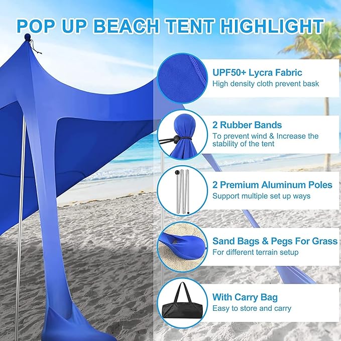 YUEWO Beach Canopy Sun Shade with UPF 50+ UV Protection Beach Tent Sun Shelter with Sandbags Poles and Ground Pegs Anti-Wind Ropes Outdoor Pop Up Tent for Camping Backyard and Picnics