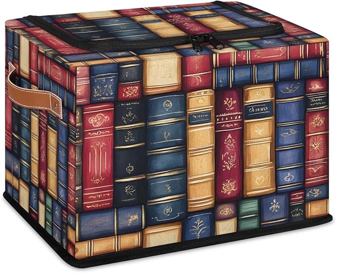 Bookshelf Storage Bins with Zipper Lid Retro Library Fabric Lidded Storage Baskets Cubes with Handles Decorative Foldable Shelf Closet Organizer Container