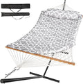 Everyfun 2 Person Outdoor Hammock with Stand Cotton Rope Hammock with Polyester Pad Adjustable Steel Frame Portable with Carrying Bag – for Patio Backyard Garden Beach Cloud-Gray