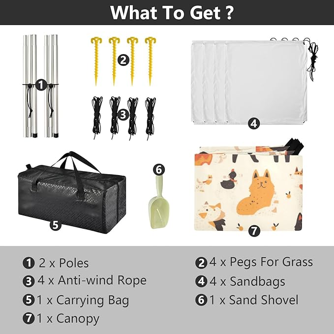Pet Dogs Foldable Beach Canopy UPF50+ Protection Easy Setup Shade Sun Shelter with Sandbags and Shovel for Camping Picnics Backyard