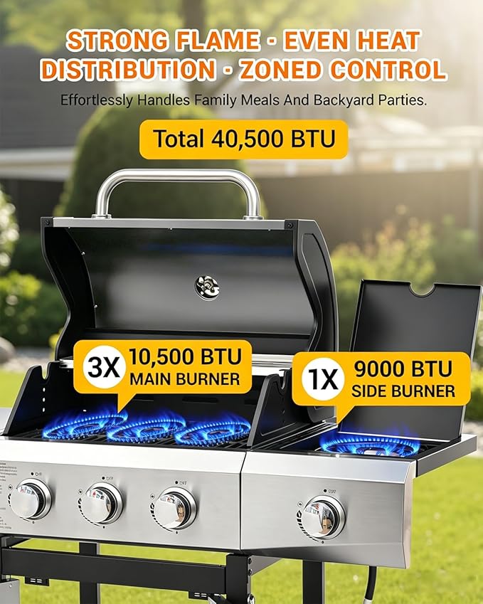 EUHOME 40500 BTU 3-Burner Propane Gas Grill with Side Burner Stainless Steel Outdoor BBQ Grill with 380 sq.in Cooking Space 4 Swivel Casters &amp Cast Iron Grates for Patio Backyard Garden