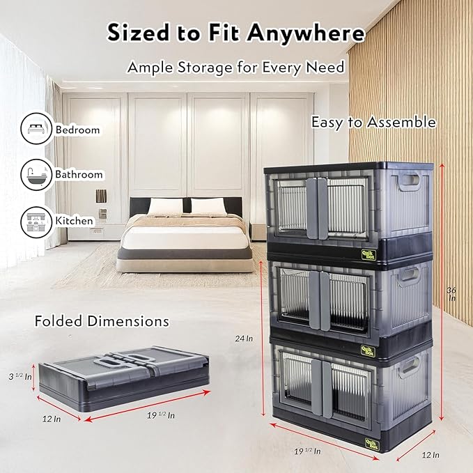 FELICON 8.4 Gallon 3 Pack Stackable Storage Bins with LidsDoorsWheelsCollapsible Organizer Foldable ContainerWardrobe Closet for Bedroom Living Room NeatDormOrganized Homes(Black)
