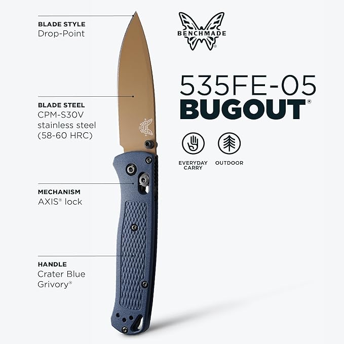 Benchmade - Bugout Outdoor EDC Folding Knife Slim Lightweight Plain Edge Drop-Point Blade CPM-S30V Stainless Steel (58-60HRC) Grivory Handle (535FE-05)