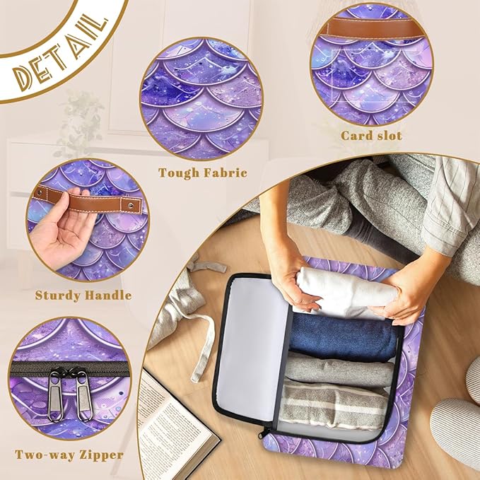 Mermaid Scales Storage Box with Lid Ocean Beach Collapsible Storage Bins Baskets Cubes Closet Shelf Clothes Organizer Containers with PU Leather Handles