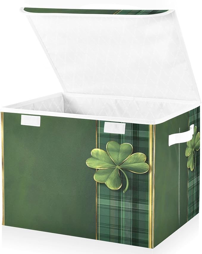 Storage Baskets with Lids Green Plaid Clover Collapsible Bins Stackable Fabric Linen Baskets Closet Organizer Container 16.5x12.6x11.8