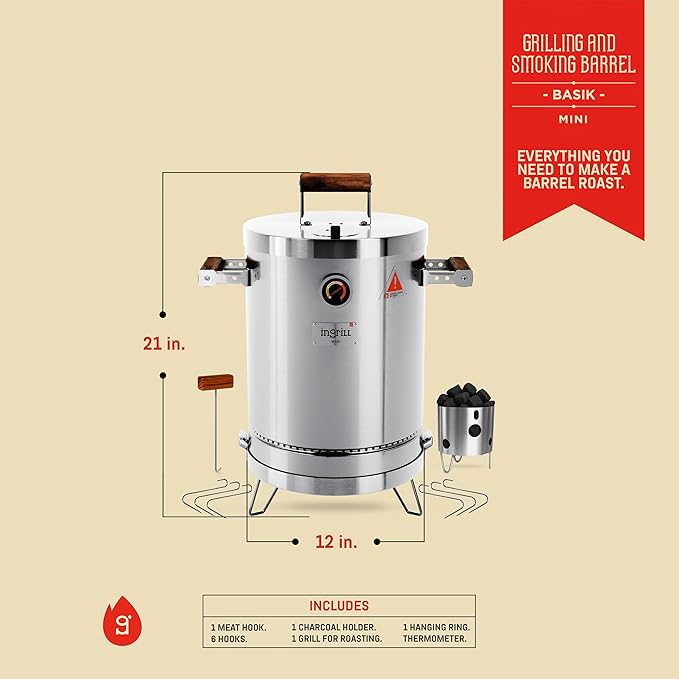 Charcoal Grills - Basic Mini 6 lbs - 3-in-1 Stainless Steel Ultra-Portable Charcoal Smoker for Outdoors Camping and Home BBQ - Vertical Smoker Barrel Grill with Thermometer &amp Accessories