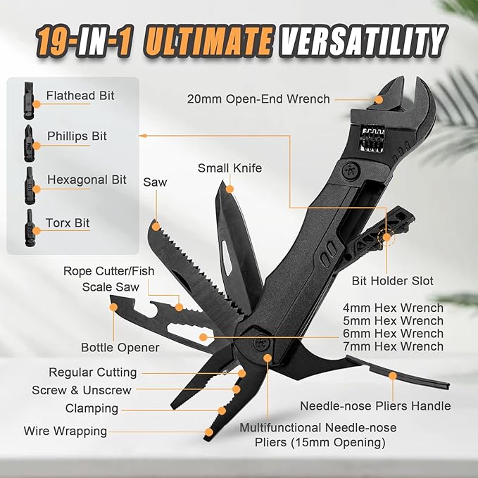 Hanboost Multitool Wrench 19 In 1 Multipurpose Camping Gear Pocket Size Adjustable Wrench with Pliers Wire Cutter Cutting Saw Bottle Opener for Maintenance Camping and DIYGift for Him