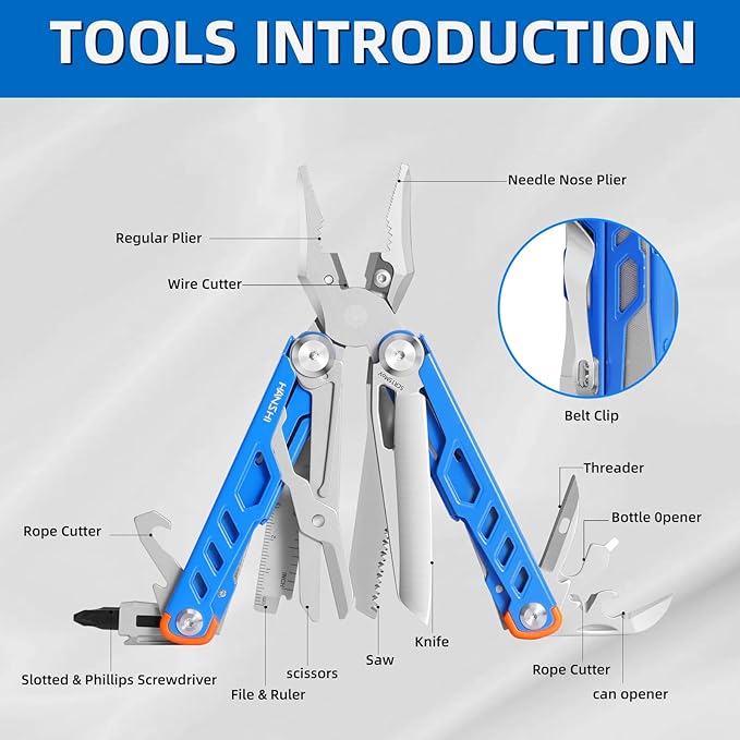 HANSHI 15 in 1 Multitool Pliers with Scissors Upgraded Heavy Duty Stainless Steel Multi Tool with YG10 Tungsten Steel Replaceable Wire Cutters for Survival Camping HikingRepair and Gift (Blue)