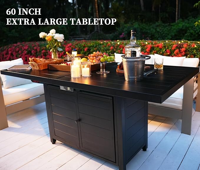PIZZELLO 60 Inch Propane Firepit Table - Outdoor Rectangular Aluminum Fire Table w/Wind Guard - 50000 BTU Gas Fire Pit with Glass Beads and Waterproof Cover