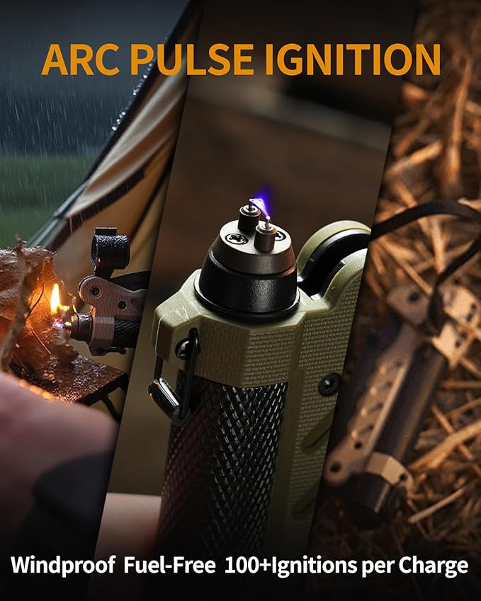 sayram Survival Multi Tool - 4-in-1 Tactical Knife Rechargeable Flashlight Pulse Arc Lighter Hand Crank Generator for Emergency Camping &amp Outdoor (Belt Sheath Included) (Green)