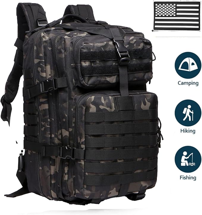 50L Sturdy Nylon Waterproof Fishing Hunting Backpack Outdoor Military Rucksacks Tactical Sports Camping Hiking Bags (Camo Black)