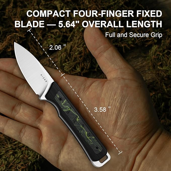 Kizer Whiskey Jack Fixed Blade Knife 2.06 Drop Point AEB-L Blade Hunting Knife with Kydex Sheath Black &amp Green G10 &amp Damascus G10 Handle EDC Knives for Camping Survival 1108A3