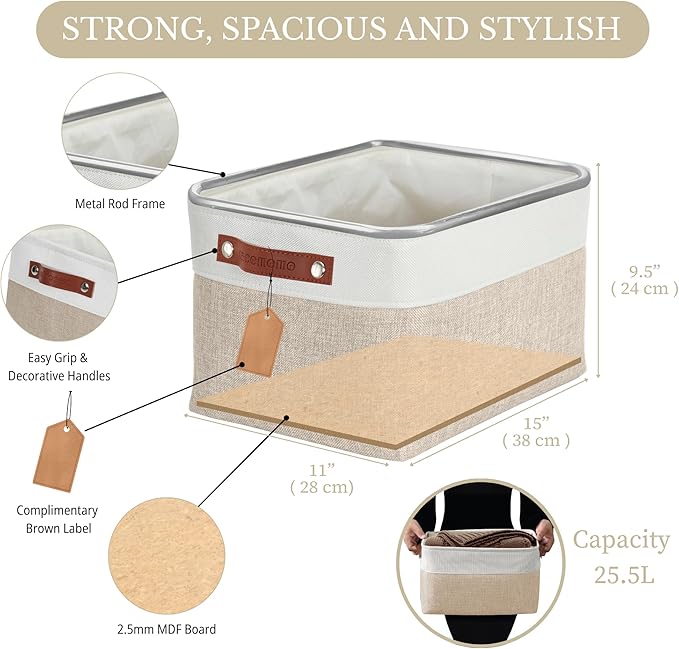 DECOMOMO Storage Baskets for Shelves - Fabric Storage Bins Linen Closet Organizers and Storage (Beige &amp White Large - 4 Pack)