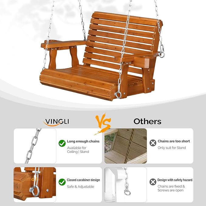VINGLI Heavy Duty 440 LBS 1-Person Wooden Patio Porch Swing with Deeper Seat &amp Higher Backrest &amp Extra Cup Holder for Adults &amp Kids Outdoor Single Porch Swing for Porch Yard Balcony Tr