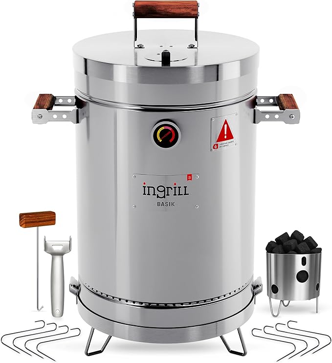 3-in-1 Stainless Steel Smoker Barrel Grill – Portable Charcoal BBQ with Thermometer 12 lbs Outdoor Cooking Smoker for Camping Backyard &amp Home BBQ INGRILL