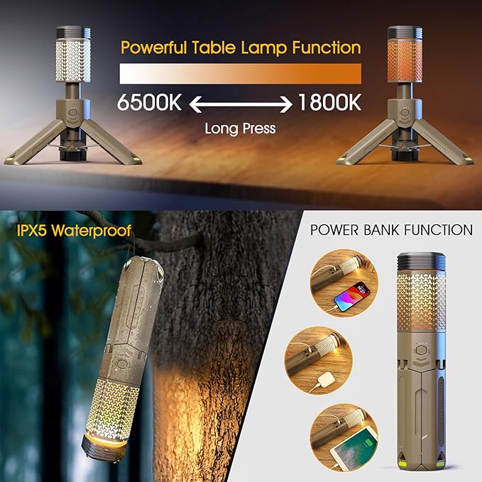 Camping-Lights-RechargeableOutdoor Telescopic-Collapsible-Lanterns with 2 Light Sources Mobile Lighting 10500mAh Battery Flash Light &amp Road Lamp for Adventure/Hiking/Camping/Live Streaming(Khaki)