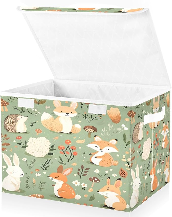 Woodland Animal Storage Box with Lid and Handles Large Collapsible Fabric Storage Basket Closet Organizer Bin Woodland Animal Basket for Nursery Bedroom Office
