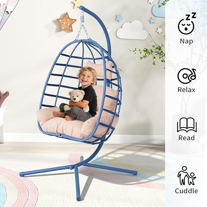 Hanging Egg Chair with Stand Outdoor Indoor Patio Rattan Swing Hammock Chairs with Washable Cushion 350lbs Capacity PE Wicker Swing Chair for Backyard Bedroom Garden (Blue + Beige Cushion)