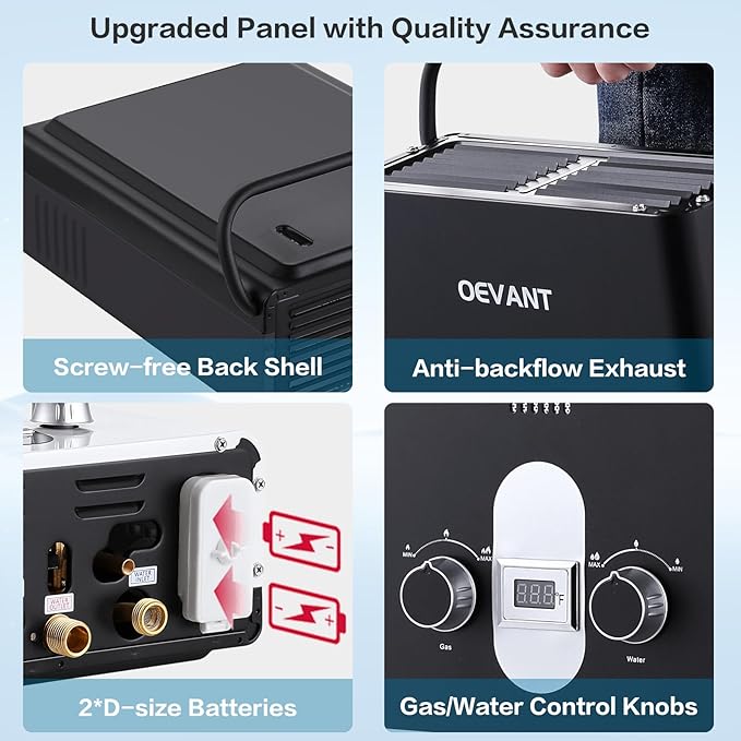 Propane Water Heater 1.32 GPM 5L Portable Tankless Water Heater with Overheating Protection Upgrade Screw-free Back Shell Instant Hot Water for RV Camping Outdoor Shower (BLACK)
