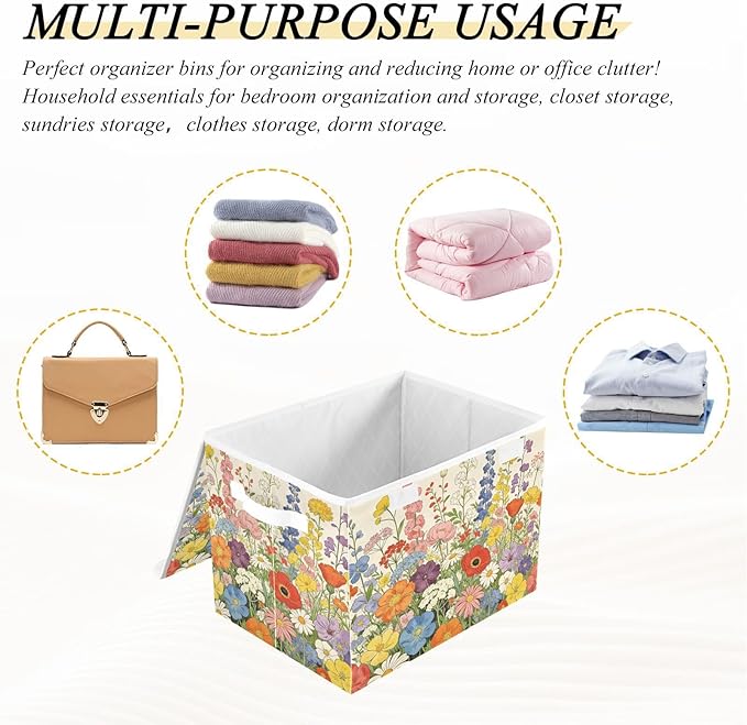 Spring Wildflowers Yellow Storage Box with Lid 1 PC Foldable Storage Bin with Lids Stackable Storage Bins Cube Closet Organizer Basket with Flip-Top Lid &amp Handles for Shoes Books Towels