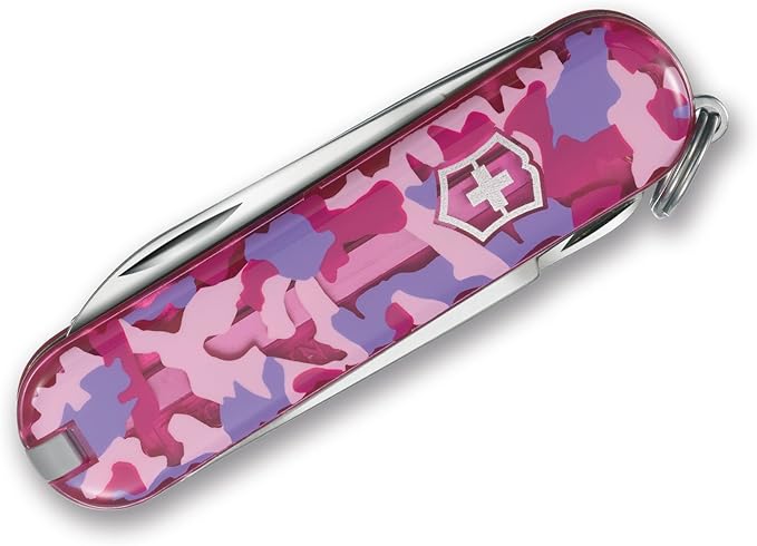 Victorinox Classic SD Swiss Army Knife Compact 7 Functions Swiss Made Pocket Knife with Small Blade Screwdriver and Key Ring - Pink Camouflage