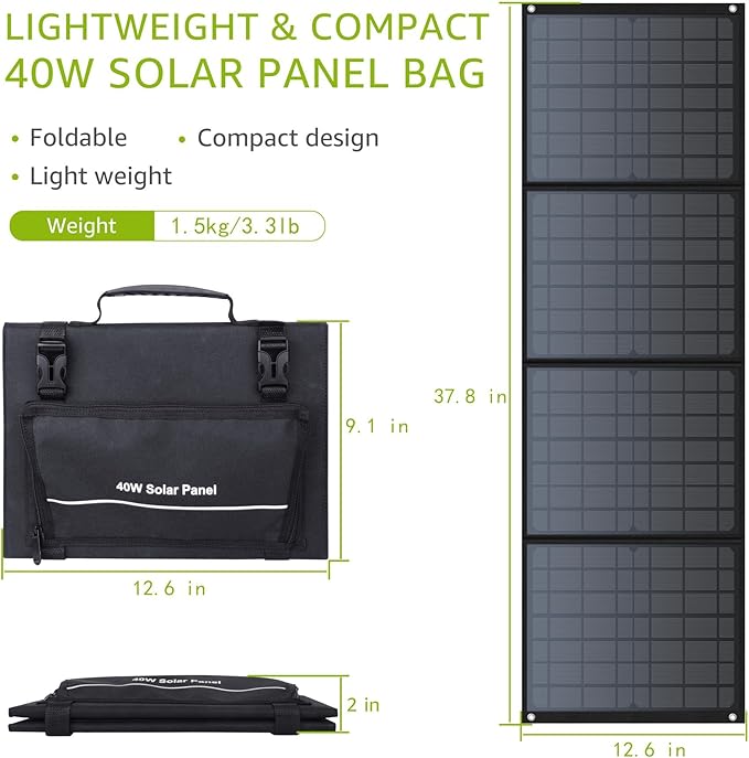 Portable Solar Panel 40W Foldable Solar Charger for Outdoor Solar Power Station Generator Adjustable Kickstand10 in 1 ConnectorsDC to DC CableUSB QC3.0 Output for Camping RV Road Trip Adventure