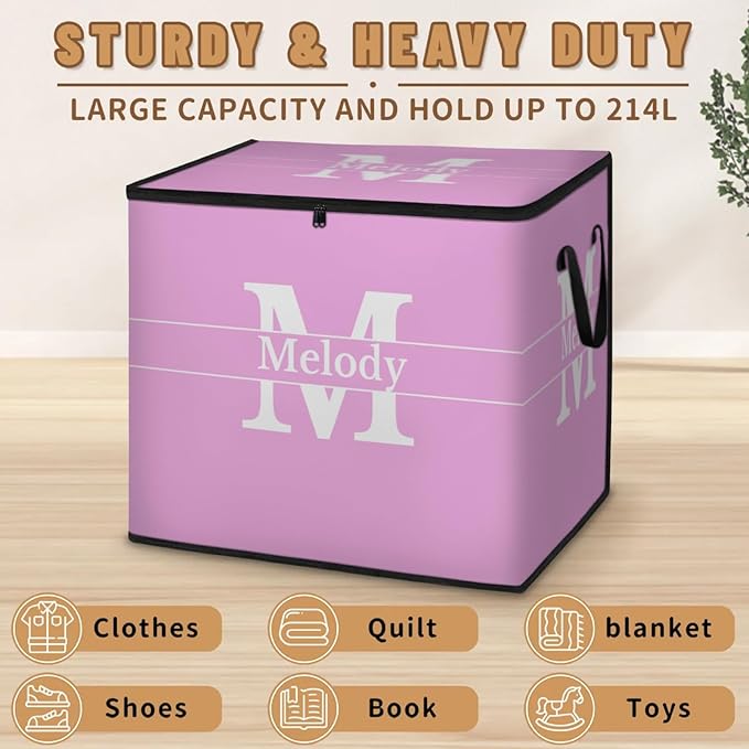 Personalized Name Large Storage Basket with Lid Pink Canvas Storage Bins Quilt Clothes Organizer with Initial Letter for Bedroom Kitchen Bathroom Nursery Shelves Closets